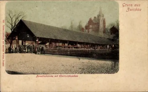 Ak Zwickau in Sachsen, Paradiesbrücke mit Ebertschlösschen
