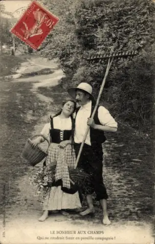 CPA Bonheur aux champs, Qui ne voudrait faner en pareille compagnie