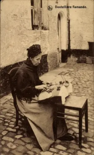 Ak Belgische Spitzenklöpplerin bei der Arbeit, Klöppelwerk