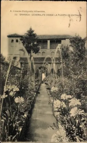 Ak Granada Andalusien Spanien, Gartenweg, Wasserfontänen, Alhambra, Generalife, Granada