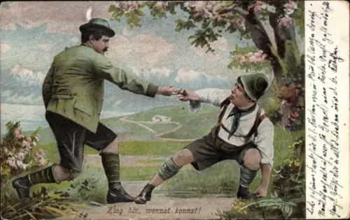 Ak Zwei Männer in Bayrischer Tracht beim Fingerhakeln, Lederhose