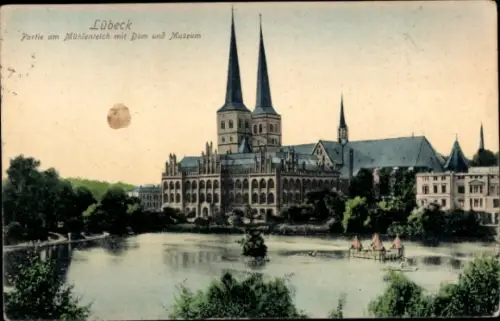 Ak Hansestadt Lübeck,  Mühlenteich, Dom, Museum