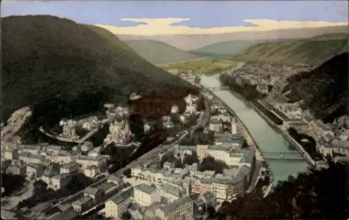 Ak Bad Ems an der Lahn, Landschaft mit Fluss, Hügeln, Häusern,  Blick von der Baderie