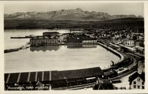 Ak Romanshorn Kanton Thurgau,  Hafen mit Säntis, Wasseransicht, Berge im Hintergrund