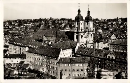 Ak St. Gallen Stadt Schweiz,  Klosterkirche, Stadtansicht, Schwarz-Weiß-Foto