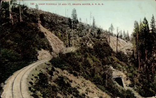 Ak Kalifornien USA, Shasta Bahnstrecke, S. P. R. R., Loop Tunnels 14 und 15