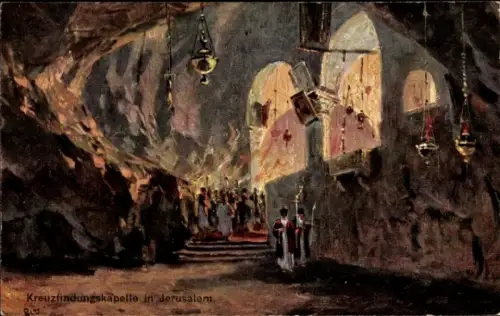 Ak Jerusalem Israel, Kreuzfindungskapelle,  religiöse Zeremonie, Menschen, Kerzen