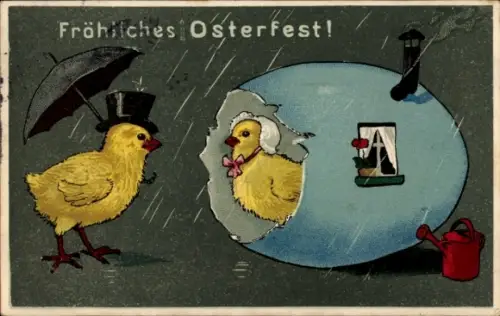 Präge Litho Frohe Ostern, Küken, Eierschalenhaus