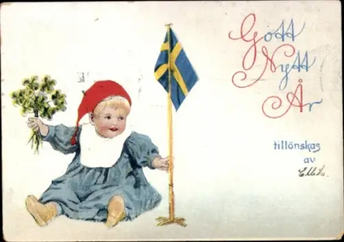 Ak Glückwunsch Neujahr, Kind, Glücksklee, Schwedische Fahne