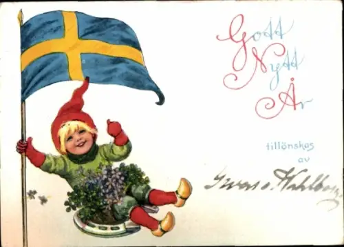 Ak Glückwunsch Neujahr, Kind, Schwedische Fahne, Blumen