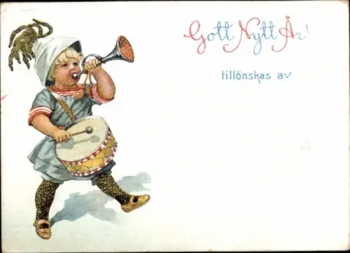 Ak Glückwunsch Neujahr, Kind mit Trommel und Trompete