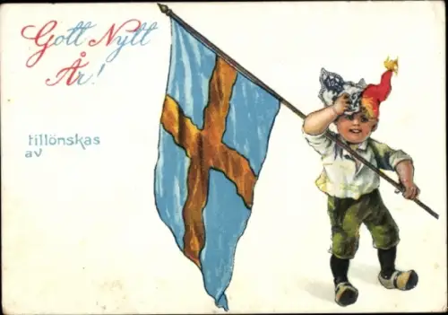 Ak Glückwunsch Neujahr, Junge, Schwedische Fahne, Geldschein