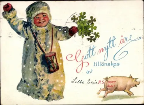 Ak Glückwunsch Neujahr, Kind, Glücksklee, Schwein, Sanduhr