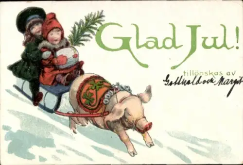 Ak Glückwunsch Weihnachten, Kinder, Schlitten, Schwein