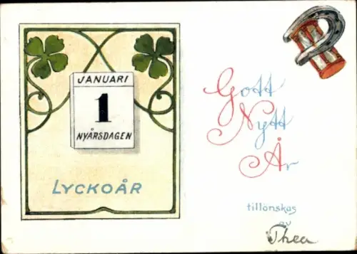 Ak Glückwunsch Neujahr, Kalender, Glücksklee, Hufeisen, Sanduhr