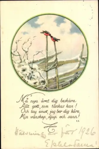 Künstler Ak Nyström, J., Zwei rote Vögel, Verschneiter Baum