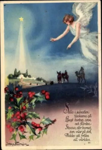 Künstler Ak Nyström, J., Stechpalme, Engel, Drei Könige, Stern