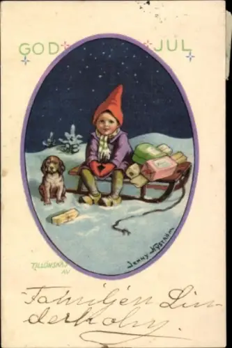 Künstler Ak Nyström, J., Glückwunsch Weihnachten, Kind, Hund, Schlitten