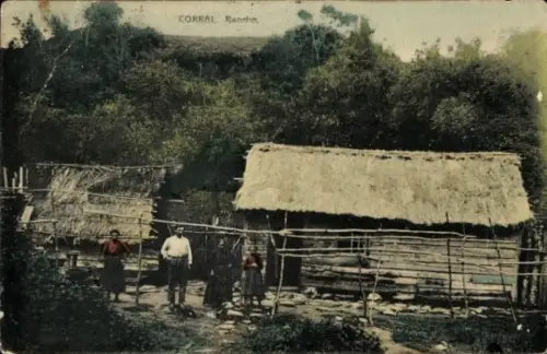 Ak Valparaíso Chile, Landschaft mit Hütte, drei Personen, Natur, Bäume