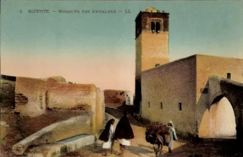 Ak Bizerte Tunesien,  Moschee des Andalusier, zwei Personen, Esel,  Architektur