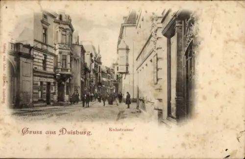 Ak Duisburg im Ruhrgebiet, Straße in  Menschen,  Gebäude, Gruss aus  Kuhstraße