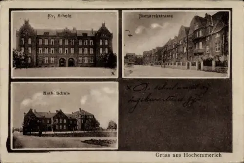 Ak Hochemmerich Duisburg im Ruhrgebiet, Ev. Schule, Kath. Schule, Bismarckstraße, Gruss aus Hoche