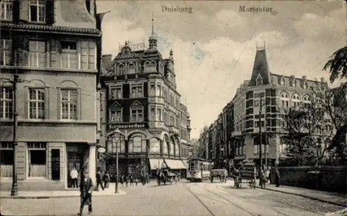 Ak Duisburg im Ruhrgebiet, Schwaren Haus,  Marientor, Straßenansicht, Straßenbahn