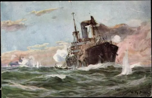 Künstler Ak Stöwer, Willy, Deutsches U Boot im Gefecht mit einem Handelsdampfer im Sperrgebiet