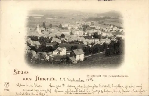 Ak Ilmenau in Thüringen, Totalausicht vom Raveneshäuschen, Landschaft,  1897