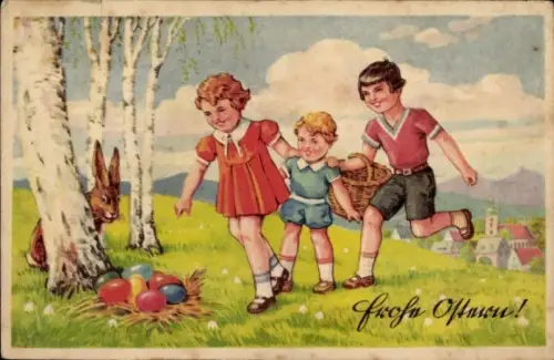 Ak Glückwunsch Ostern, Hase, Kinder auf Eiersuche