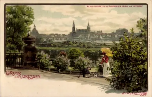 Künstler Litho Spindler, Erwin, Dresden Altstadt, Blick vom Garten des Japanischen Palais