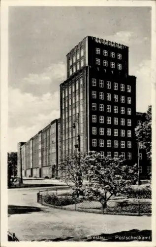 Ak Wrocław Breslau Schlesien, Postscheckamt, das erste Hochhaus des Ostens