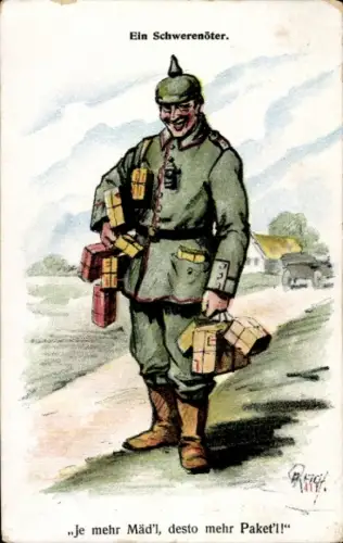 Ak Soldat mit Paketen, Ein Schwerenöter, Je mehr Mäd'l, desto mehr Paket'l