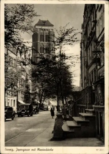 Ak Gdańsk Danzig, Jopengasse mit Marienkirche, Wohnhäuser, Autos