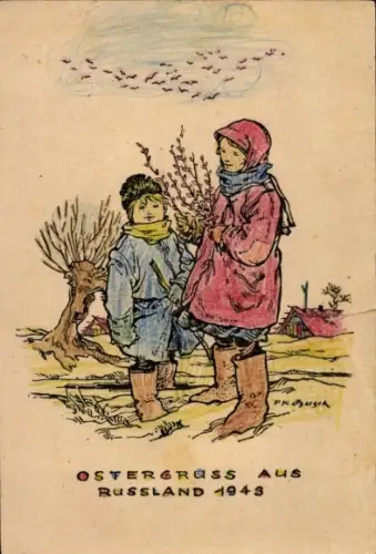 Künstler Ak Ostern 1943, Russland, Kinder, Weidenkätzchen