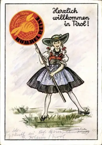 Künstler Ak Mädchen in Tiroler Tracht, Werbung Hummel Reise