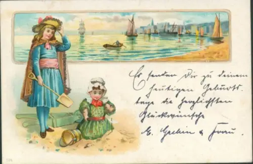 Litho Kinder spielen am Strand, Schaufel, Schubkarre, Eimer