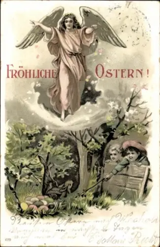Ak Glückwunsch Ostern, Engel, Kinder, Osterhasen, Ostereier