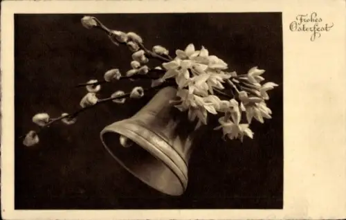 Ak Glückwunsch Ostern, Glocke, Blumen, Weidenkätzchen