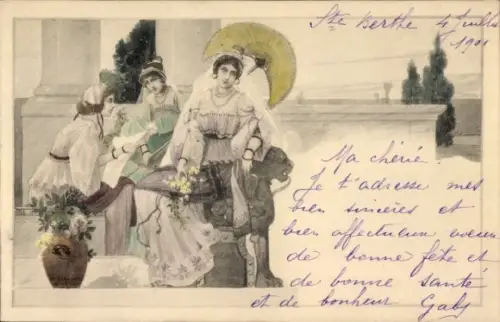 Ak Drei Frauen, Gemaltes Bild, Sonnenschirm, Blumen