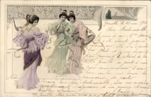 Künstler Ak Drei Frauen, Flötenspielerin, Harfenspielerin