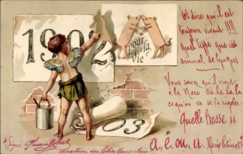 Ak Neujahr, Engel mit Pinsel und Farbtopf, Tanzende Schweine