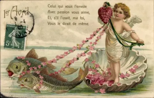 Präge Ak Glückwunsch 1. April, Fische, Muschel, Engel