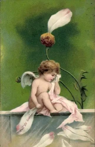 Ak Weinender Engel, Blume mit einem Blat