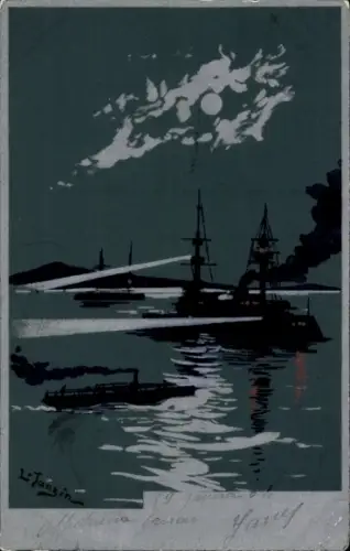 Künstler Ak Tauzin, L., Kriegsschiff, Dampfer, Nachthimmel, Mond