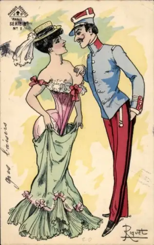 Künstler Ak Riguet, Soldat in Uniform, Frau mit entblößtem Busen
