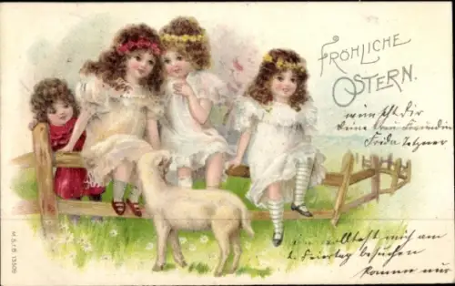 Litho Fröhliche Ostern, Kinder, Lamm