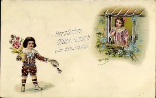 Ak Glückwunsch Geburtstag, Junge mit Blumenstrauß, Mädchen am Fenster