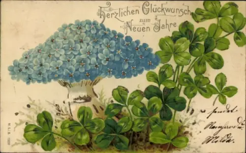 Präge Ak Glückwunsch Neujahr, Kleeblätter, Vergissmeinnicht