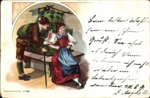 Litho Liebespaar, Volkstrachten, Blumen